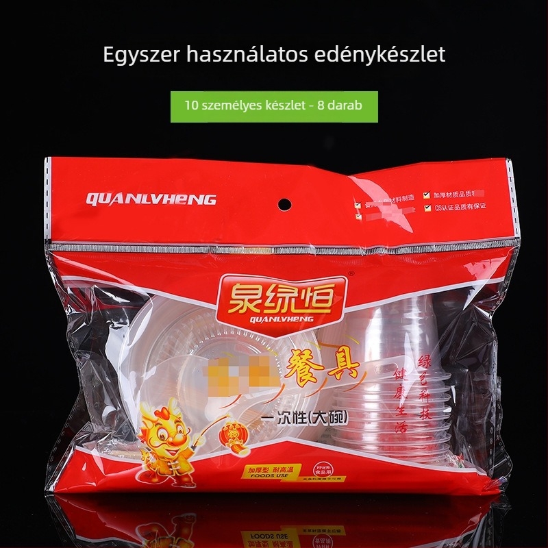 Spring Green Heng Egyszer használatos étkészlet 10 személyre – vastagított műanyag tálak, pálcikák, kanalak és poharak, biológiailag lebomló, 60 készlet dobozonként