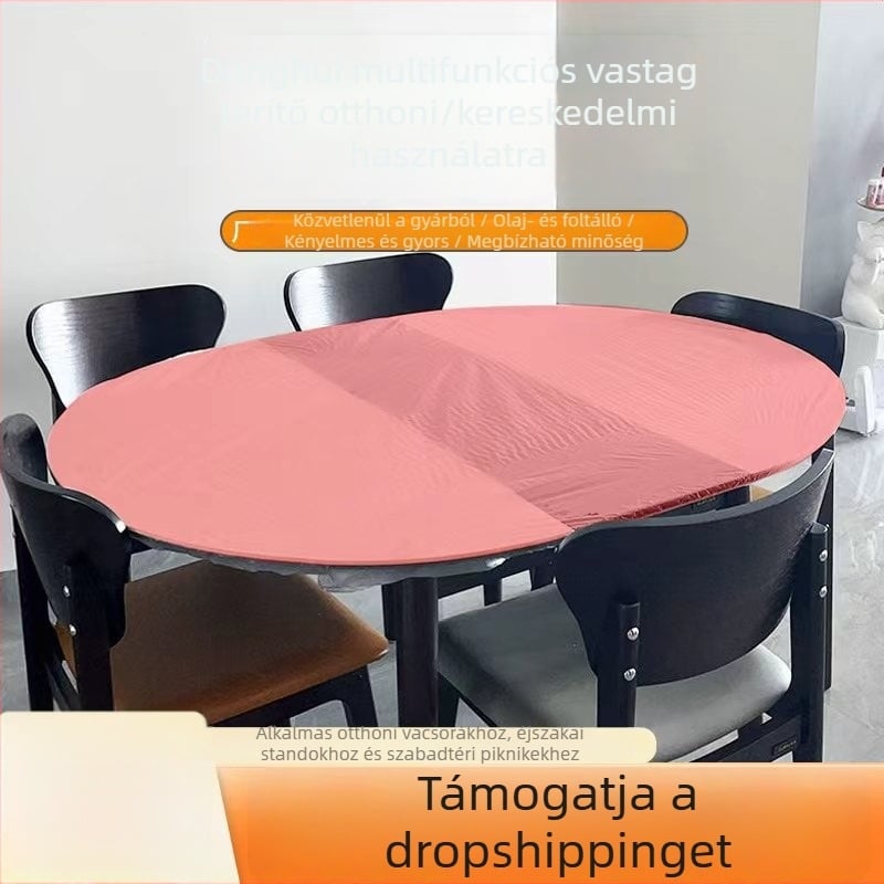 Egyszer használatos kerek asztalterítő kötős szélű és rugalmas élű, átlátszó, vastagabb, víz- és olajálló