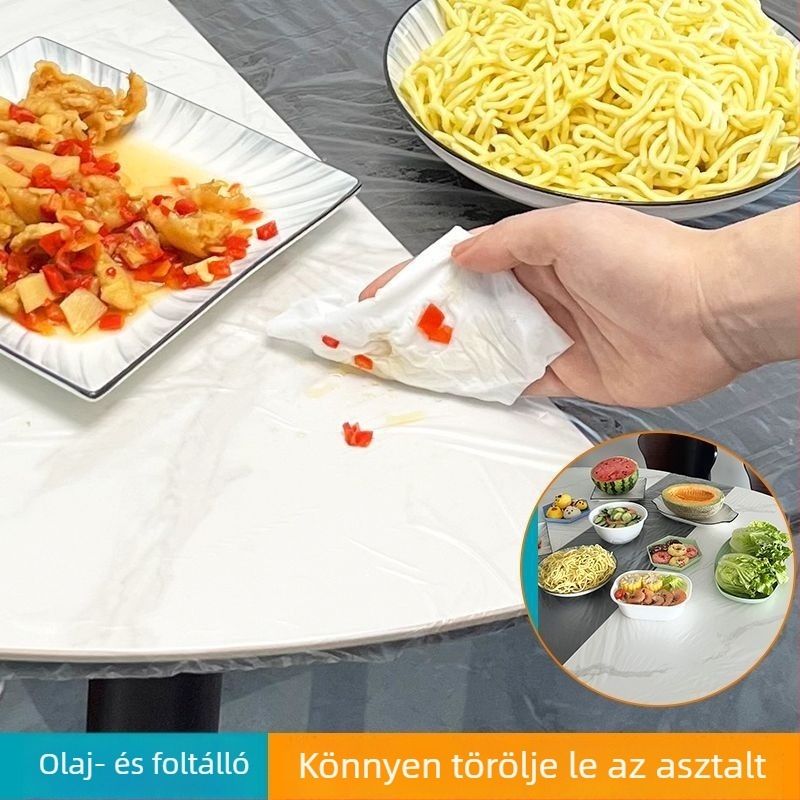 Egyszer használatos kerek asztalterítő kötős szélű és rugalmas élű, átlátszó, vastagabb, víz- és olajálló