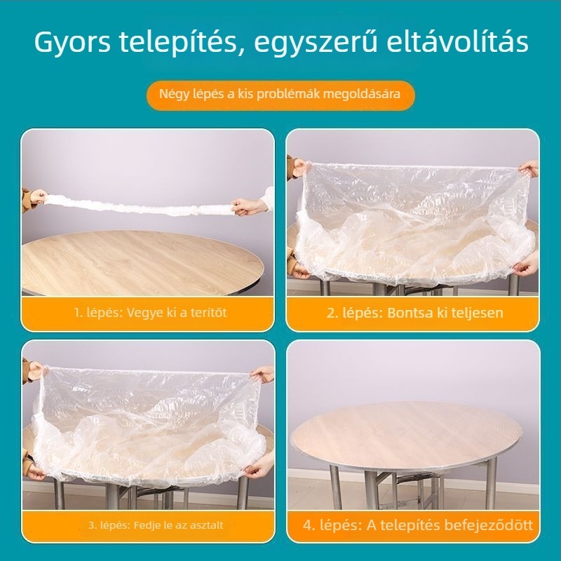Egyszer használatos kerek asztalterítő kötős szélű és rugalmas élű, átlátszó, vastagabb, víz- és olajálló