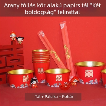 Egyszer használatos papírtálak esküvőre – kerek forma, 0.2 cm vastagság, 410 ml kapacitás, Xi karakter minta, új kínai stílus