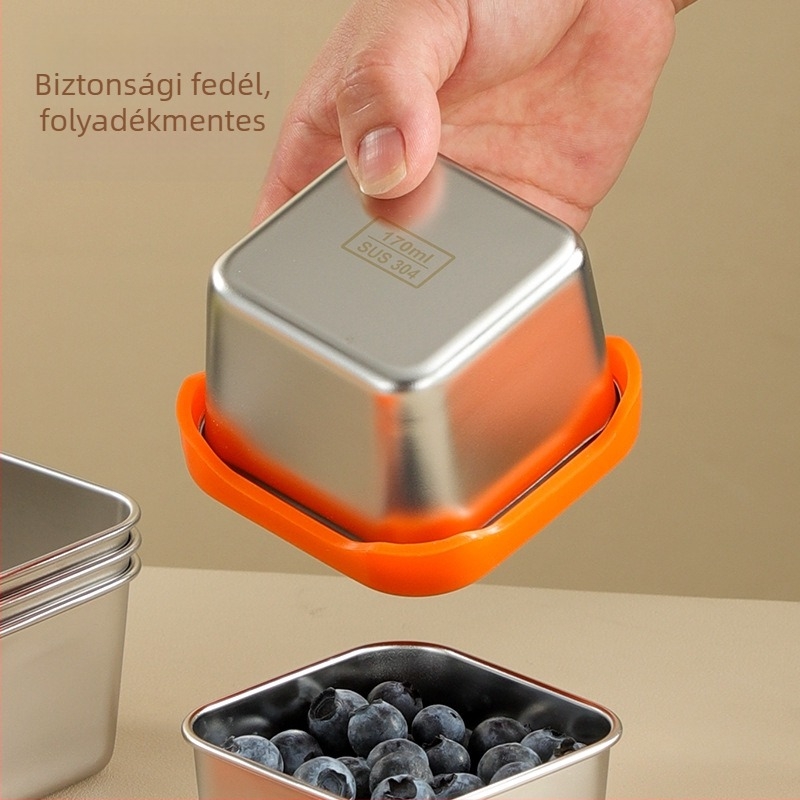 304 rozsdamentes acélból készített négyszögletes szószdoboz, szilikon fedéllel, kapacitás 300 ml alatt, egyrétegű