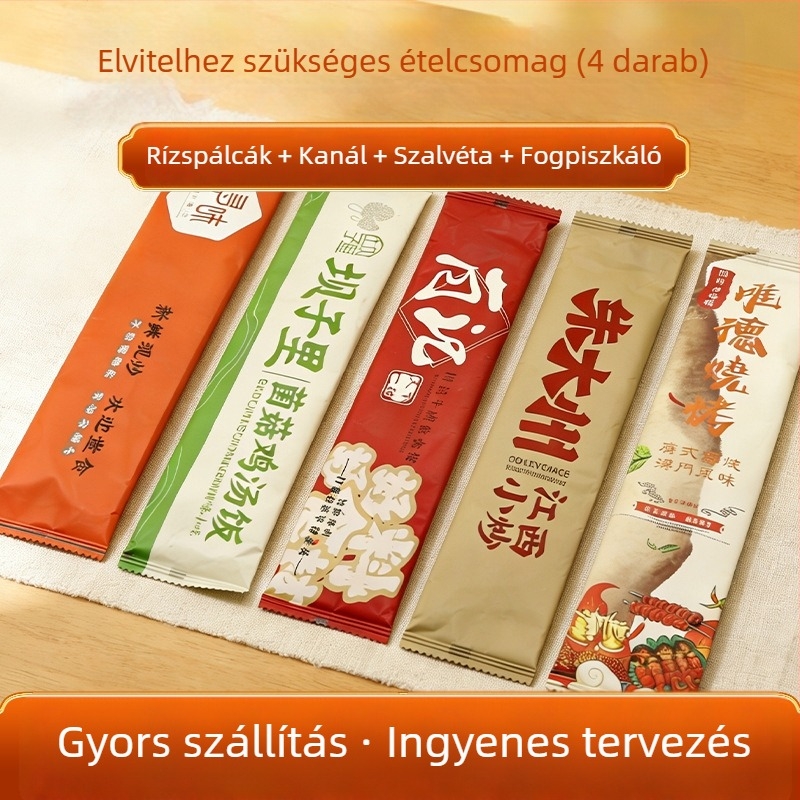 Egyszer használatos take-out asztalterítő készlet: evőpálcák, kanál, szalvéta és fogpiszkáló; műanyag; logó nyomtatása lehetséges; testre szabható; téglalap alakú; 100 darabos doboz; nem biológiailag lebomló