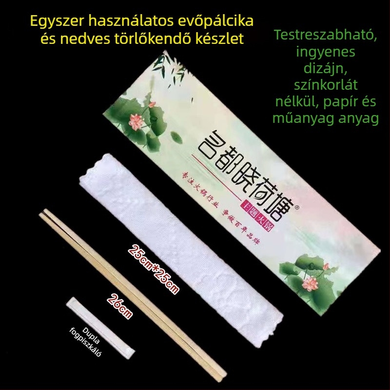 Éttermek számára egyszer használatos evőpálcika készlet nedves törlőkendőkkel és fogpiszkálókkal — bambusz, csomagolás 400 db, mikrohullámú sütőben használható, biológiailag lebomló, logó nyomtatás elérhető