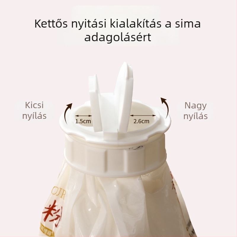 FaSoLa műanyag nedvességálló tasakzáró klipsz, dupla nyílású kiömlőfejjel, lisztzsákokhoz