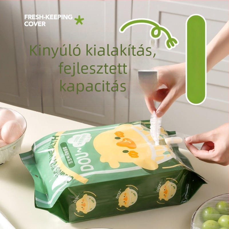 Falihoz rögzíthető élelmiszerfóliás fedő készlet maradékokhoz és hűtőben használható tálak fedői