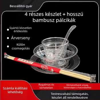 Egyszer használatos étkészlet – élelmiszer-minőségű műanyag, négy darabos tál- és evőpálcika készlet; három darabos bögrés-tányéros készlet