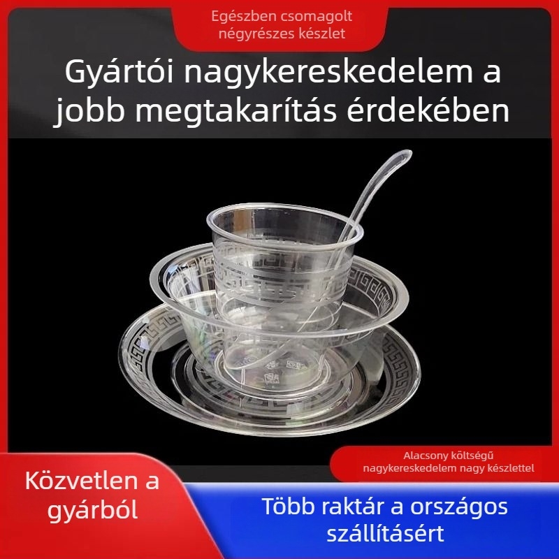 Egyszer használatos étkészlet – élelmiszer-minőségű műanyag, négy darabos tál- és evőpálcika készlet; három darabos bögrés-tányéros készlet