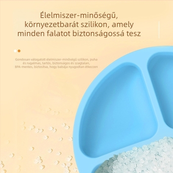 4 részes szilikon baba etető készlet: tál, kanál, villa és szívókorongos tartó, 6 hónaptól ajánlott