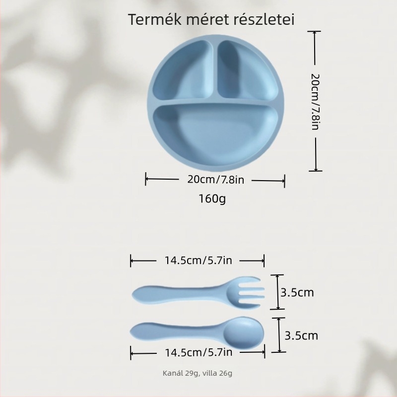 4 részes szilikon baba etető készlet: tál, kanál, villa és szívókorongos tartó, 6 hónaptól ajánlott