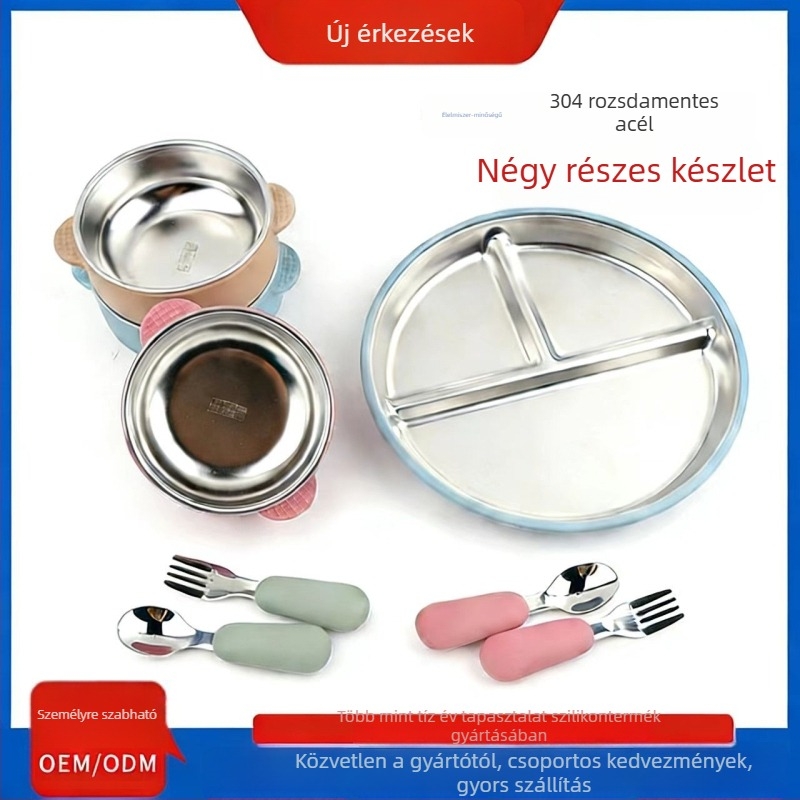 304 rozsdamentes acélból készült gyermekek étkezőkészlete három rekeszes tányérral, szívó alappal, kétfülű tállal és evőeszközökkel (villa és kanál); 6 hónaptól; 4 darab