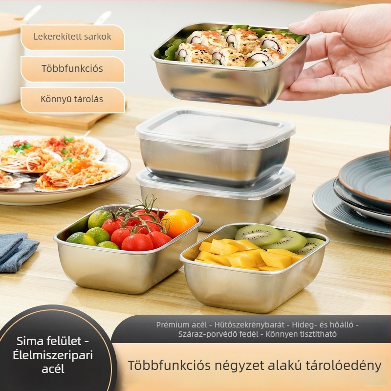 Rozsdamentes acél ebédes doboz fedéllel, téglalap alakú, 501–800 ml kapacitás, élelmiszer-minőségű, szorosan záródó, mikrohullámú sütőben használható