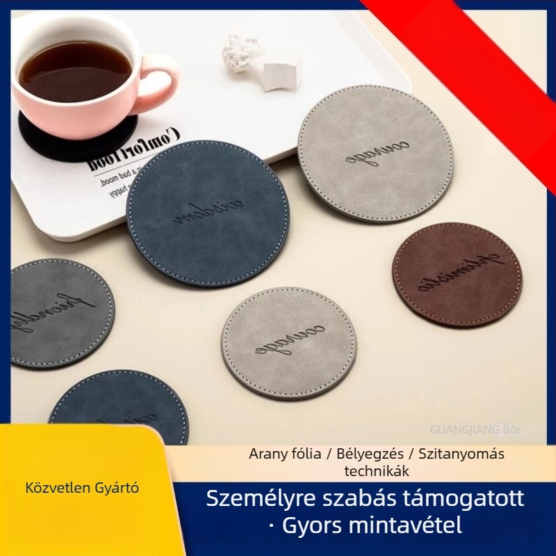 Kerek bőr pohár alátét, kétoldalas szigeteléssel, csúszásmentes, vízálló — modern minimalist stílus.