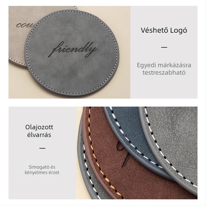 Kerek bőr pohár alátét, kétoldalas szigeteléssel, csúszásmentes, vízálló — modern minimalist stílus.