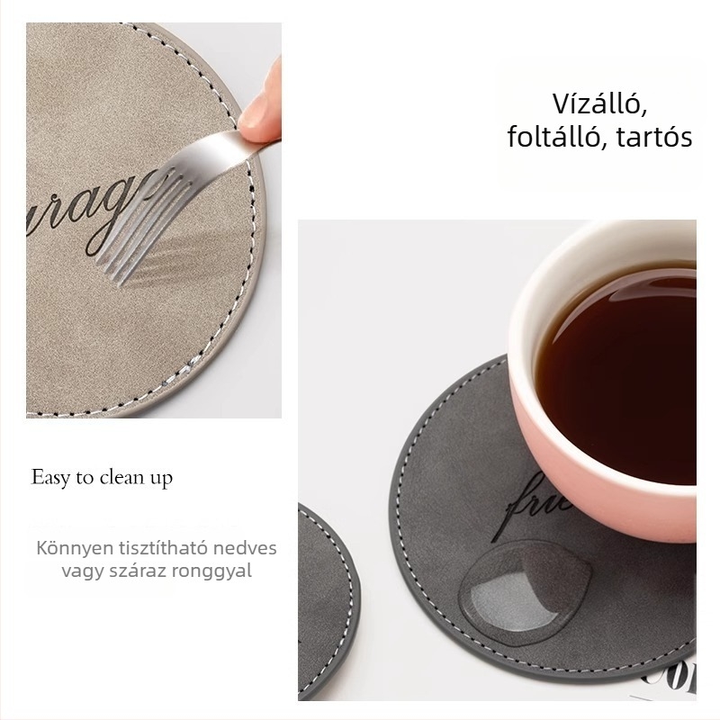 Kerek bőr pohár alátét, kétoldalas szigeteléssel, csúszásmentes, vízálló — modern minimalist stílus.