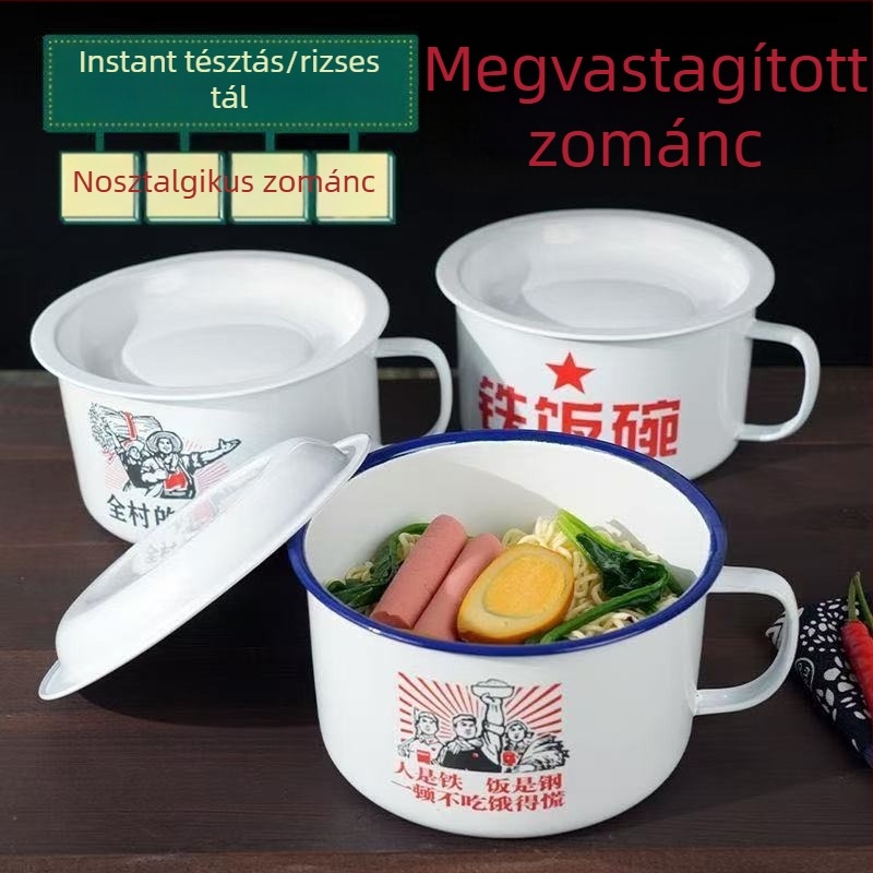 Emailezett tál fedővel, nagy kapacitású, kerek formájú, könnyen tisztítható, átmérő 14 cm