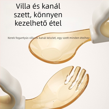 Baba tanuló villája és kanálja szilikonból – önálló evéshez, 12 hónapos kortól
