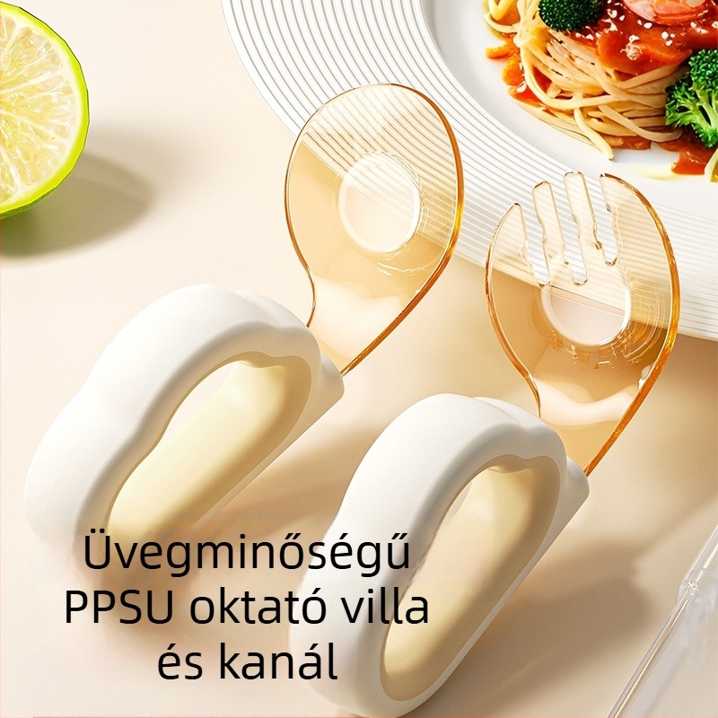 Baba tanuló villája és kanálja szilikonból – önálló evéshez, 12 hónapos kortól