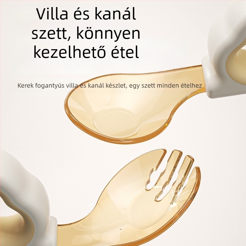 Baba tanuló villája és kanálja szilikonból – önálló evéshez, 12 hónapos kortól