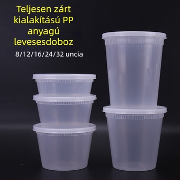Egyszer használatos műanyag tál fedővel lezárt elviteles ételekhez; szivárgásmentes leveses pohár; négy gyümölcsös desszert doboz; 3 éves szavatosság; márka Famous Glory