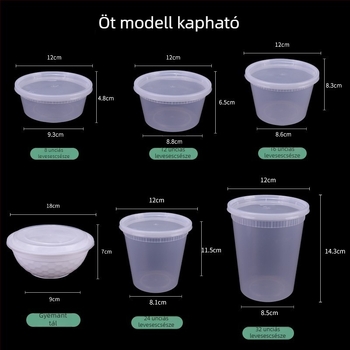 Egyszer használatos műanyag tál fedővel lezárt elviteles ételekhez; szivárgásmentes leveses pohár; négy gyümölcsös desszert doboz; 3 éves szavatosság; márka Famous Glory