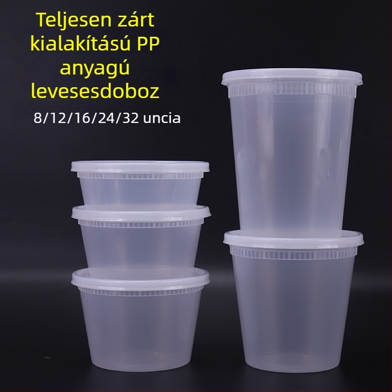 Egyszer használatos műanyag tál fedővel lezárt elviteles ételekhez; szivárgásmentes leveses pohár; négy gyümölcsös desszert doboz; 3 éves szavatosság; márka Famous Glory