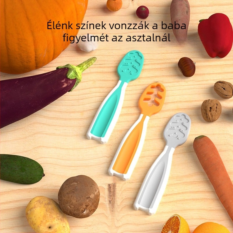 Baba etetőedző kanál, 6 hónapos kortól, hordozható különleges formájú étkezési készlet