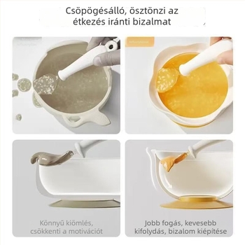 Szilikonból készült babatányér ventuzával — minden egyben, esésálló és hőálló, 6 hónapos kortól, aranyos karikatúra stílus