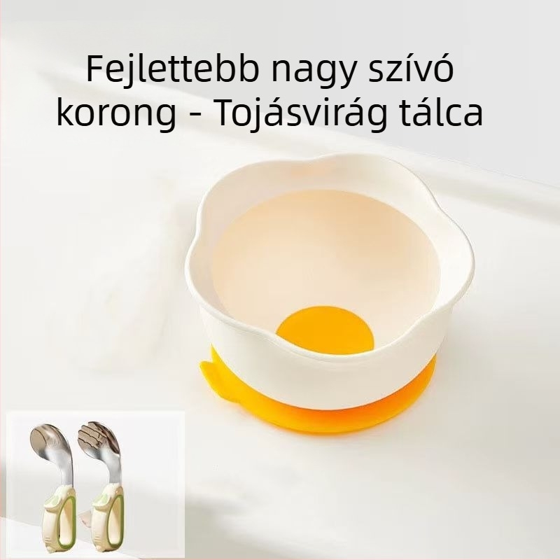 Szilikonból készült babatányér ventuzával — minden egyben, esésálló és hőálló, 6 hónapos kortól, aranyos karikatúra stílus