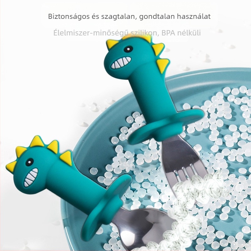 Gyerekeknek szánt étkészlet: szilikon kanál és rozsdamentes acél villa, 2 darabos készlet, dinoszaurusz mintával, 6 hónapos kortól