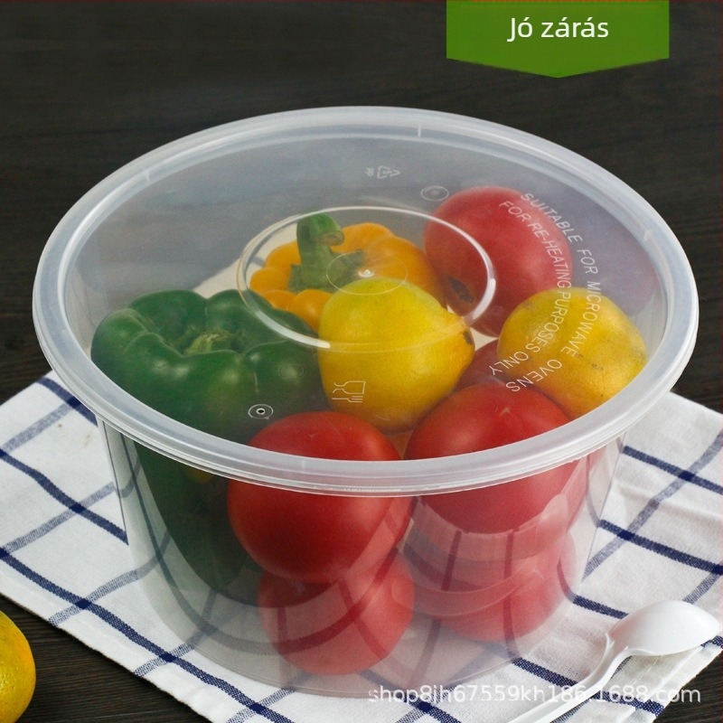 Műanyag kör alakú ebédes doboz fedővel, átlátszó szállítóedény, mikróbarát, 1250 ml kapacitás