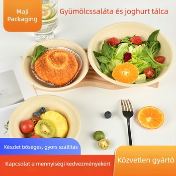Egyszer használatos papírpulpából készült joghurt- és gyümölcssaláta tál, kör alakú, 340 ml, biológiailag lebomló, testreszabható (300 db/doboz)
