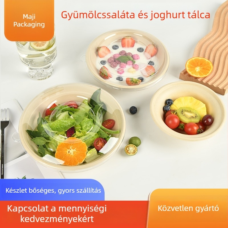 Egyszer használatos papírpulpából készült joghurt- és gyümölcssaláta tál, kör alakú, 340 ml, biológiailag lebomló, testreszabható (300 db/doboz)