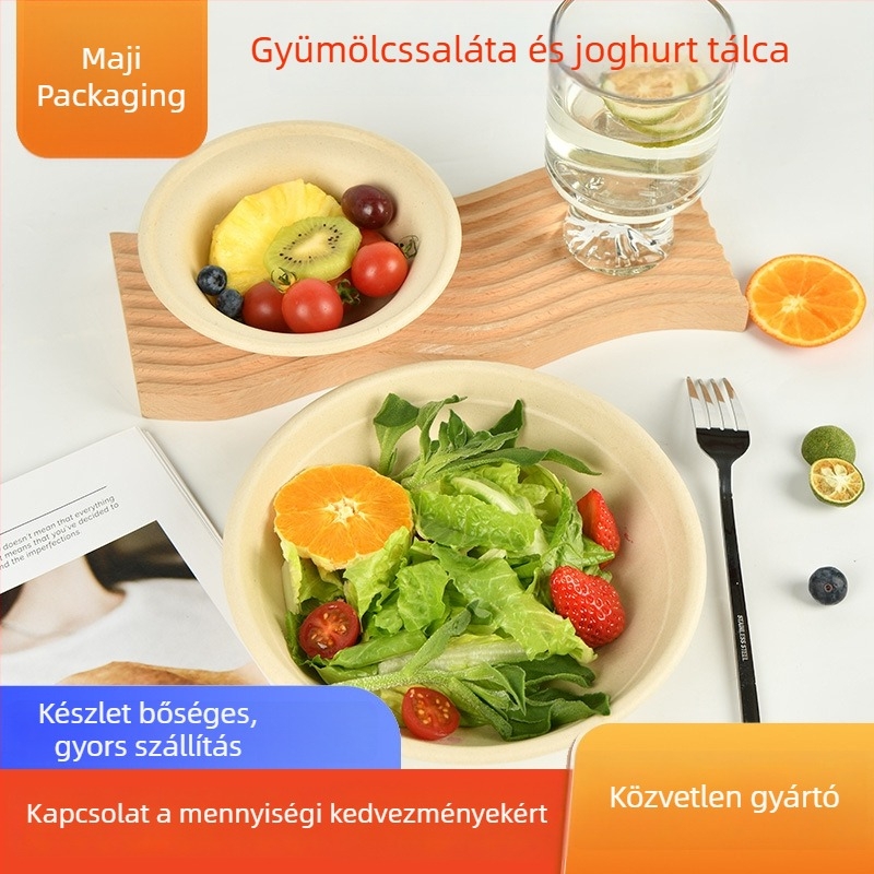 Egyszer használatos papírpulpából készült joghurt- és gyümölcssaláta tál, kör alakú, 340 ml, biológiailag lebomló, testreszabható (300 db/doboz)