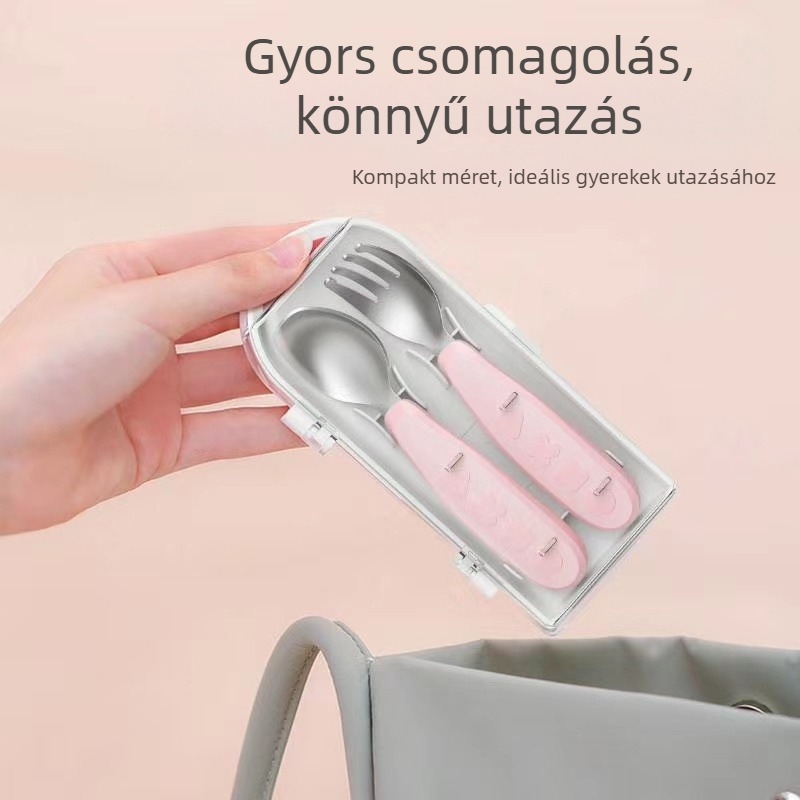 Gyermekeknek szóló rozsdamentes acél villa és kanál készlet dobozzal, Octoto márka, 6 hónapos kortól