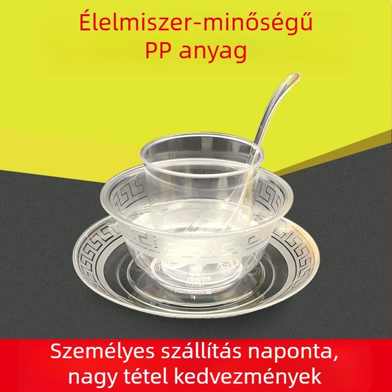 Egyszer használatos repülőgépes kristály étkezési készlet, négy darabból álló, PS anyagú, kör alakú, 2000 darab, biológiailag lebomló, 2 évig eltartható