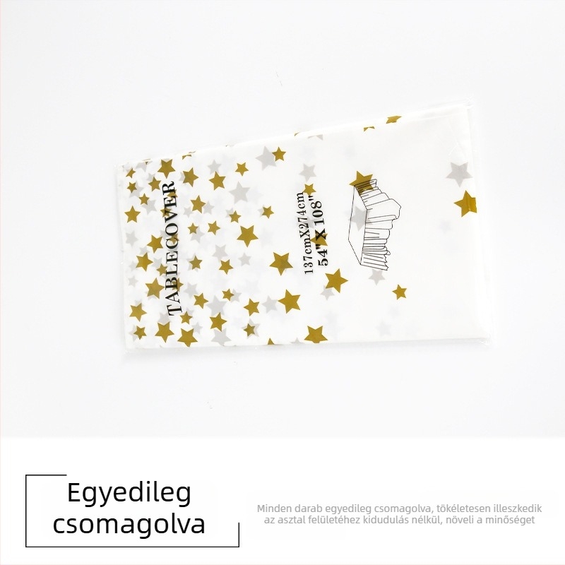 Egyszer használatos PEVA asztalterítő, vastagított, vízálló, olajálló, csillag–pöttyös mintával, születésnapra, esküvőre és buliba