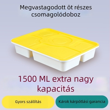 Öt rekeszes egyszer használatos ebédes doboz lopás elleni záró mechanizmussal, PP anyagból, mikrohullámú sütőben is használható