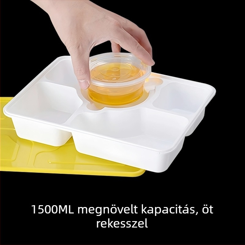 Öt rekeszes egyszer használatos ebédes doboz lopás elleni záró mechanizmussal, PP anyagból, mikrohullámú sütőben is használható