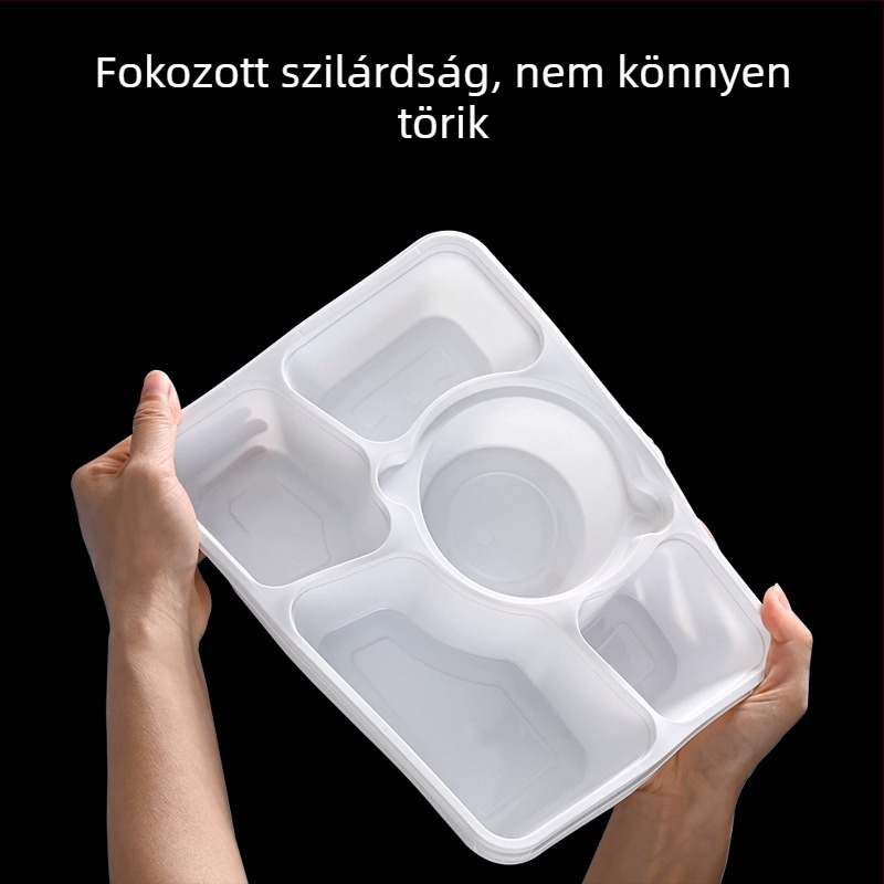 Öt rekeszes egyszer használatos ebédes doboz lopás elleni záró mechanizmussal, PP anyagból, mikrohullámú sütőben is használható
