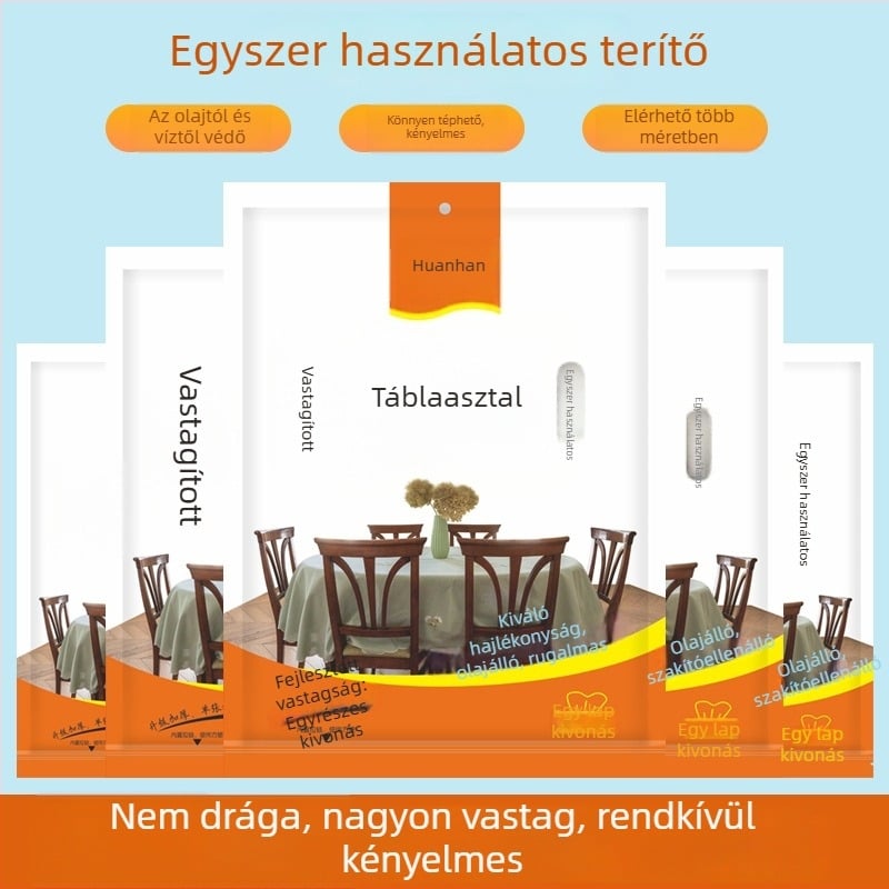 Egyszer használatos, vastagított műanyag asztalterítő esküvőkhöz és bankettekhez; téglalap- és körasztalokhoz, háztartási használatra.