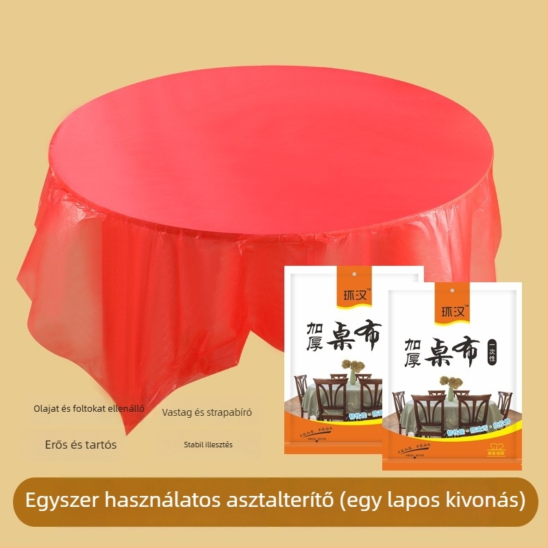 Egyszer használatos, vastagított műanyag asztalterítő esküvőkhöz és bankettekhez; téglalap- és körasztalokhoz, háztartási használatra.