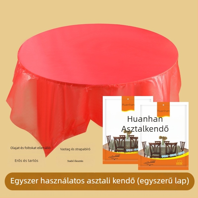 Egyszer használatos, vastagított műanyag asztalterítő esküvőkhöz és bankettekhez; téglalap- és körasztalokhoz, háztartási használatra.