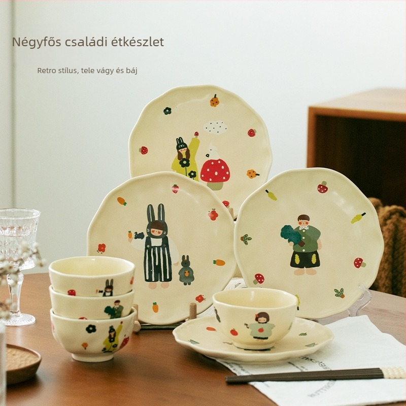 Négy fős család részére készített étkészlet: tálak és tányérok új csont porcelánból, szabálytalan forma, sima máz, aranyos stílus, mikrohullámú sütőben használható