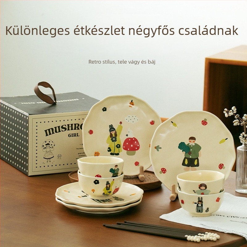 Négy fős család részére készített étkészlet: tálak és tányérok új csont porcelánból, szabálytalan forma, sima máz, aranyos stílus, mikrohullámú sütőben használható
