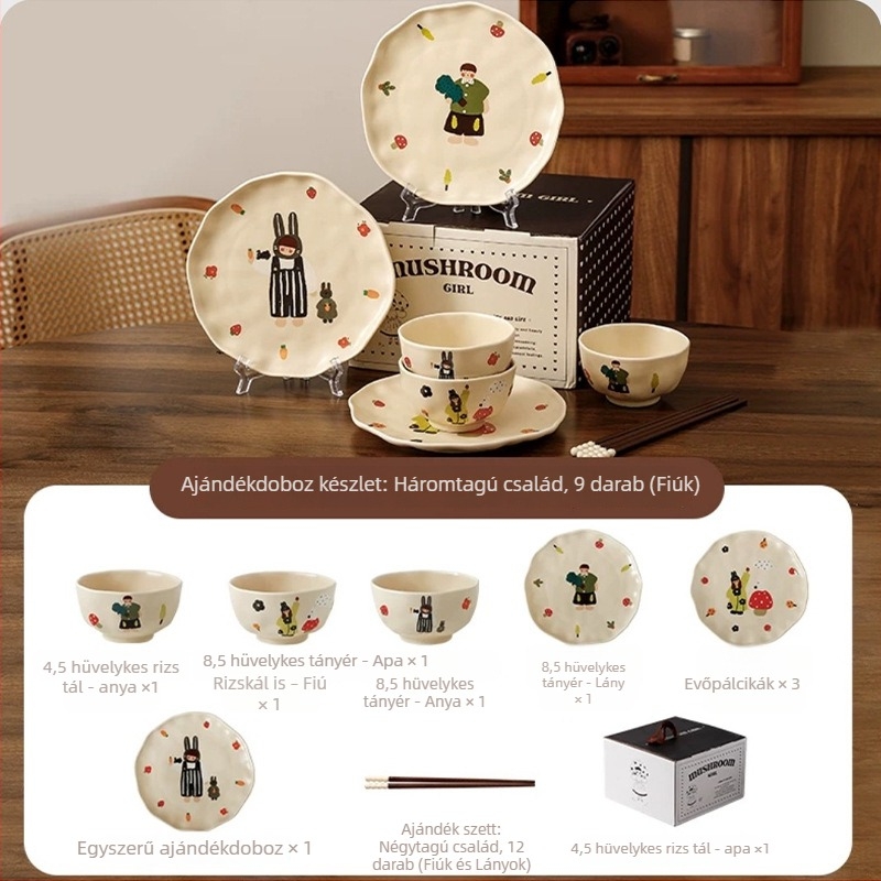 Négy fős család részére készített étkészlet: tálak és tányérok új csont porcelánból, szabálytalan forma, sima máz, aranyos stílus, mikrohullámú sütőben használható