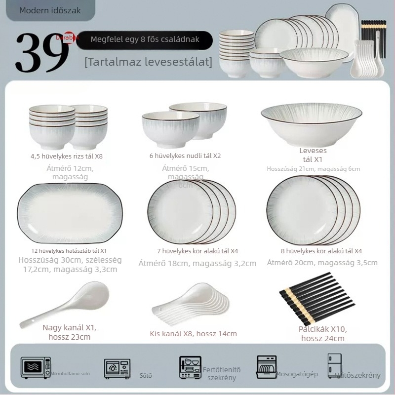 Porcelán tál és tányér készlet, modern minimalista stílus japán hatással, alglazúr szín, logó nyomtatás, mikrohullámú sütőbe is alkalmas