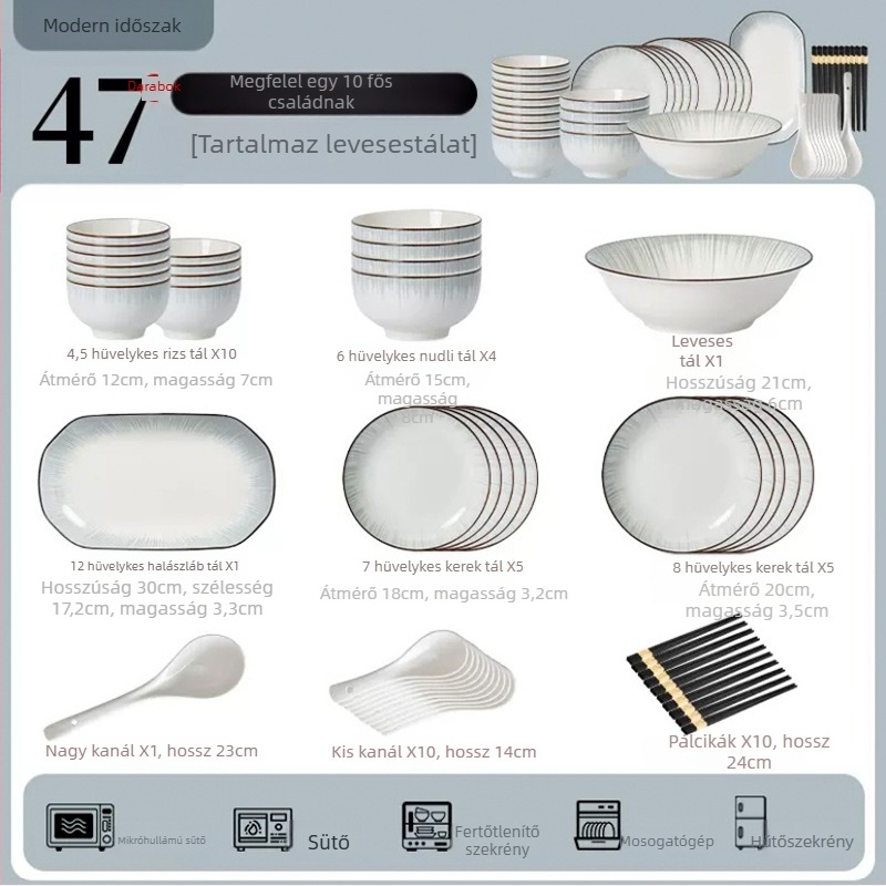 Porcelán tál és tányér készlet, modern minimalista stílus japán hatással, alglazúr szín, logó nyomtatás, mikrohullámú sütőbe is alkalmas