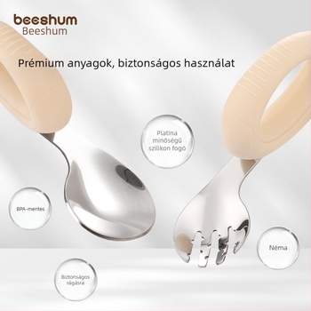 Beeshum Gyerekeknek készült villa és kanál készlet önálló etetéshez — tanító evőeszköz, rozsdamentes acél, 3 hónapos kortól, 1 készlet, minimalist stílus
