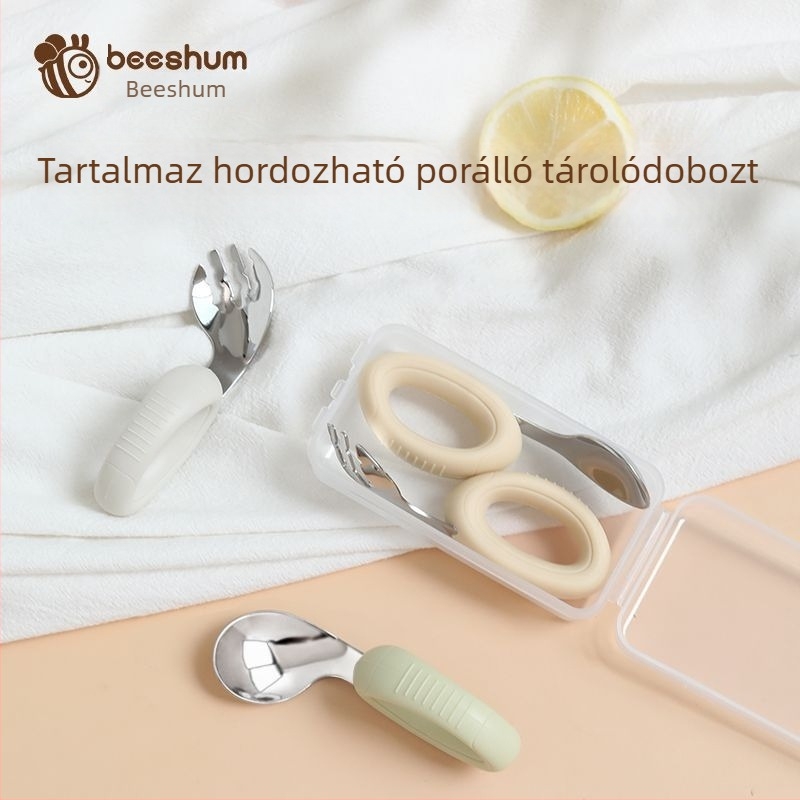 Beeshum Gyerekeknek készült villa és kanál készlet önálló etetéshez — tanító evőeszköz, rozsdamentes acél, 3 hónapos kortól, 1 készlet, minimalist stílus